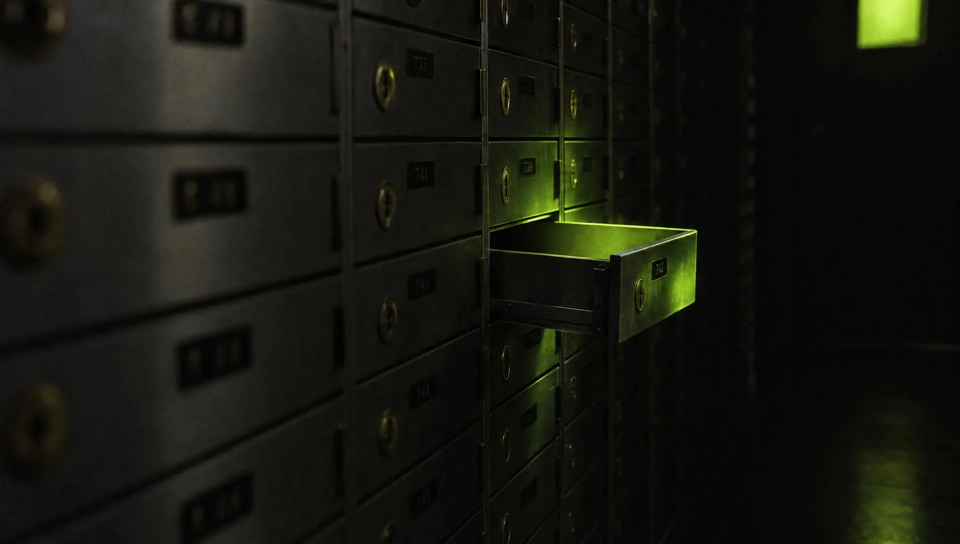 A wall of steel safe-deposit boxes at night with one drawer slid open, lit green