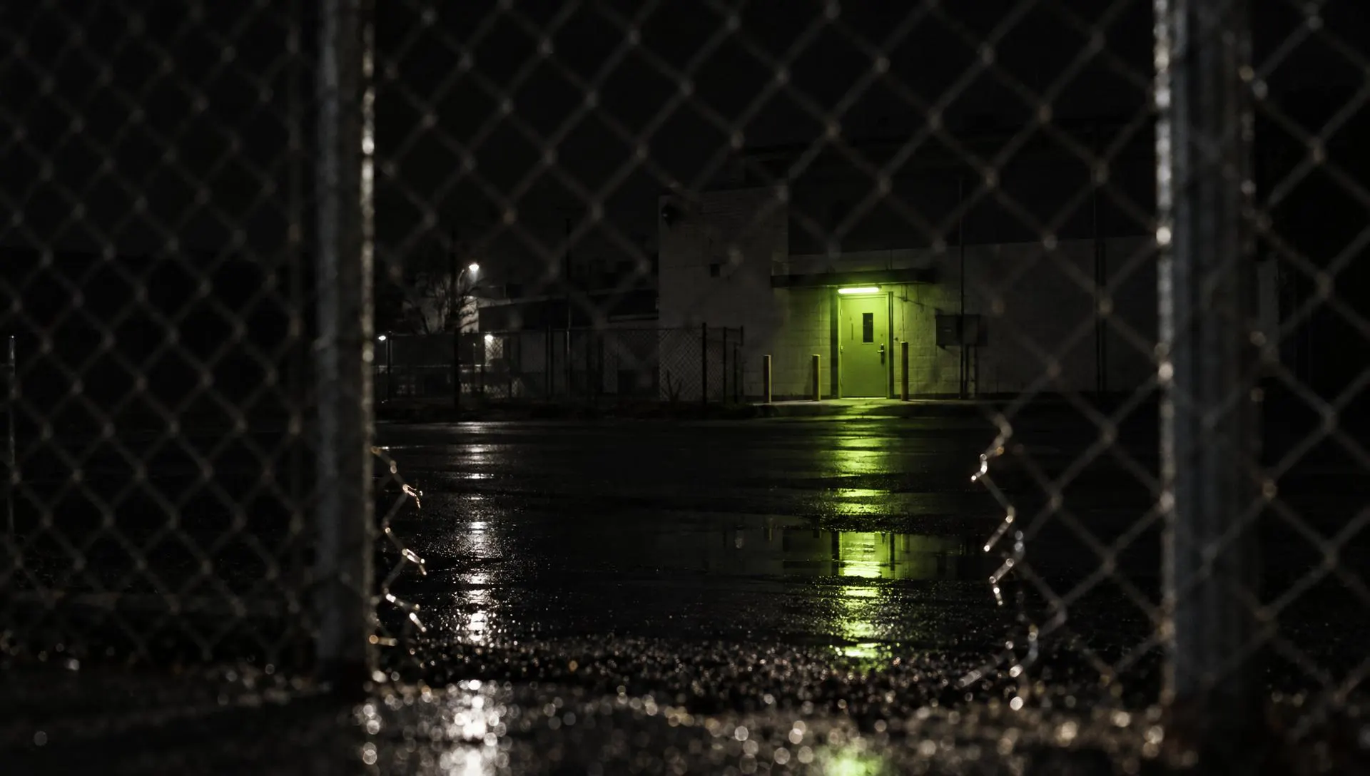 A chain-link perimeter fence at night with a small gap cut in it, a green light beyond