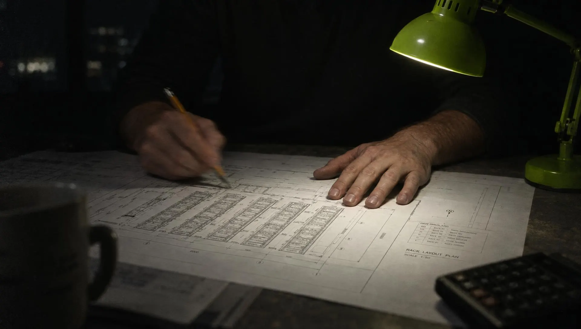 An engineer's hands at a drafting table at night over a printed rack layout, lit by a green desk lamp