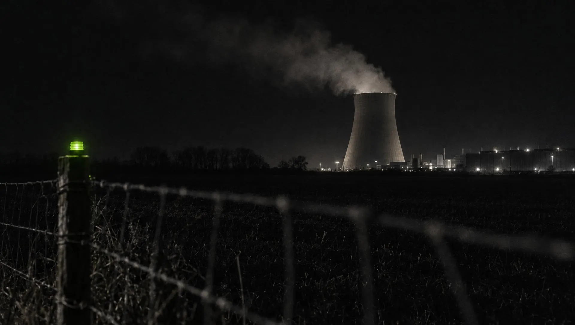 A data centre cooling tower venting steam into the night beside a dark field, one green beacon on the fence