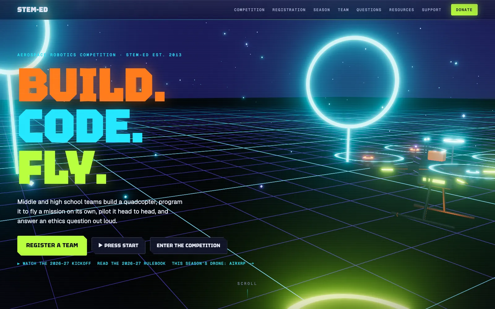 STEM-ED homepage: Build. Code. Fly. over a 3D night launch field