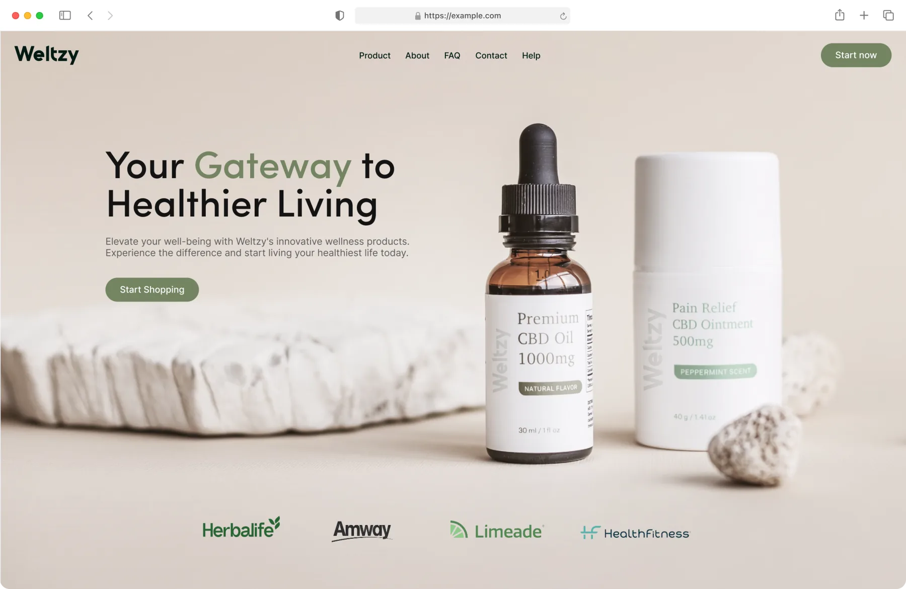 Landing page with supplement bottles