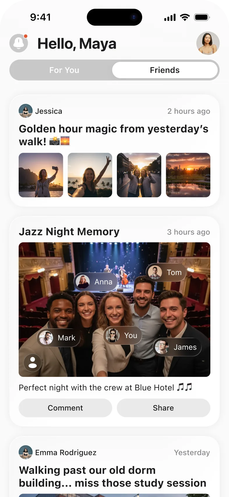 Home feed of shared memories from friends