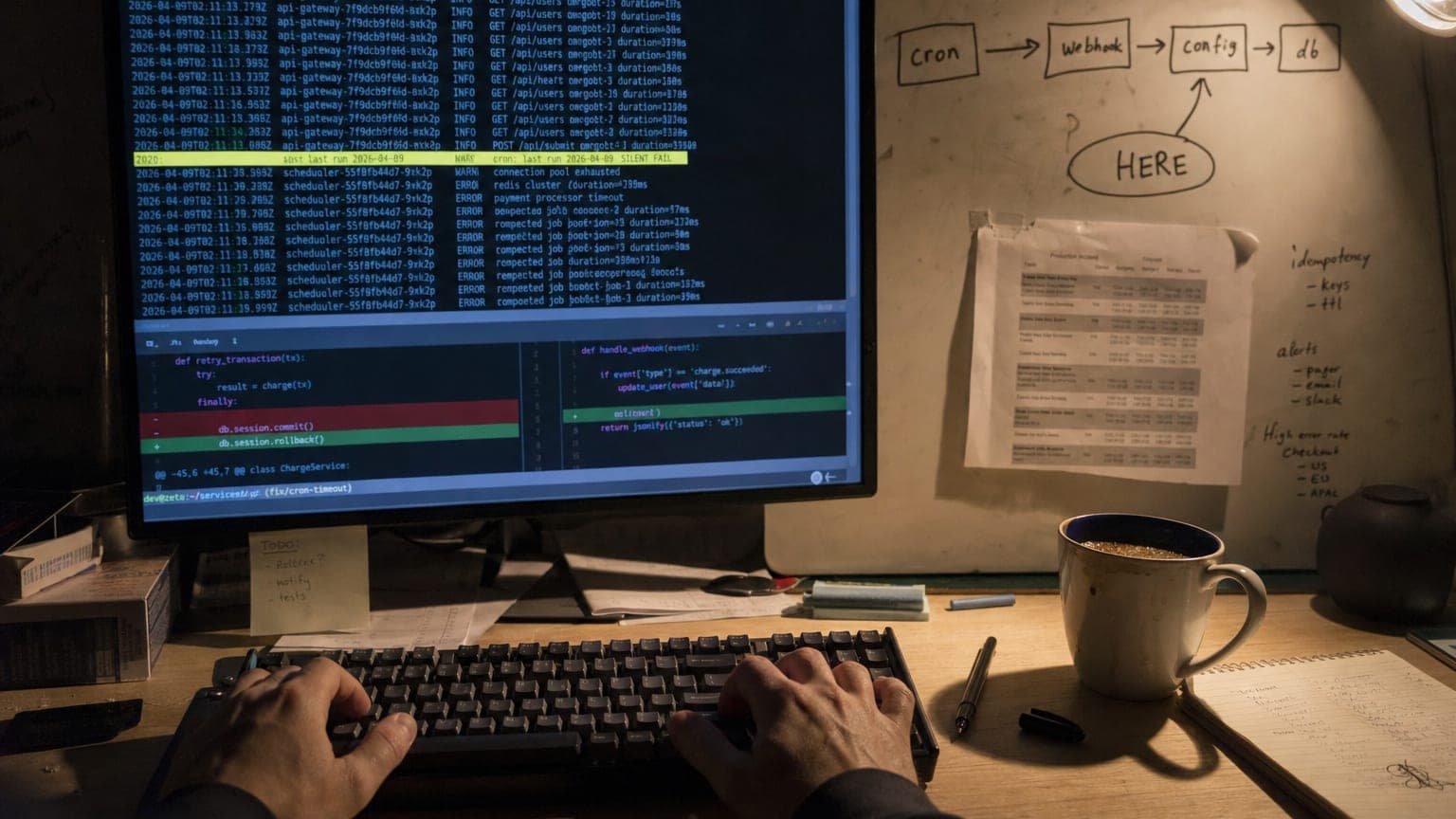 Hands on a keyboard before a monitor of logs, a whiteboard behind mapping a bug across a scheduler, webhook, config field and database.