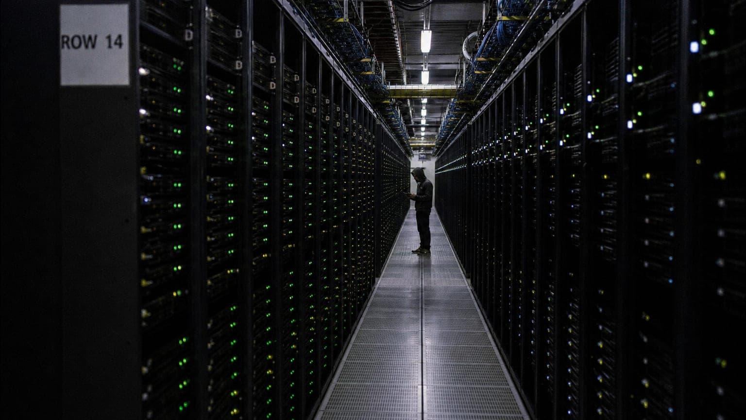 A data-center hot aisle at night, towering server racks of status LEDs receding to a vanishing point, one technician for scale.