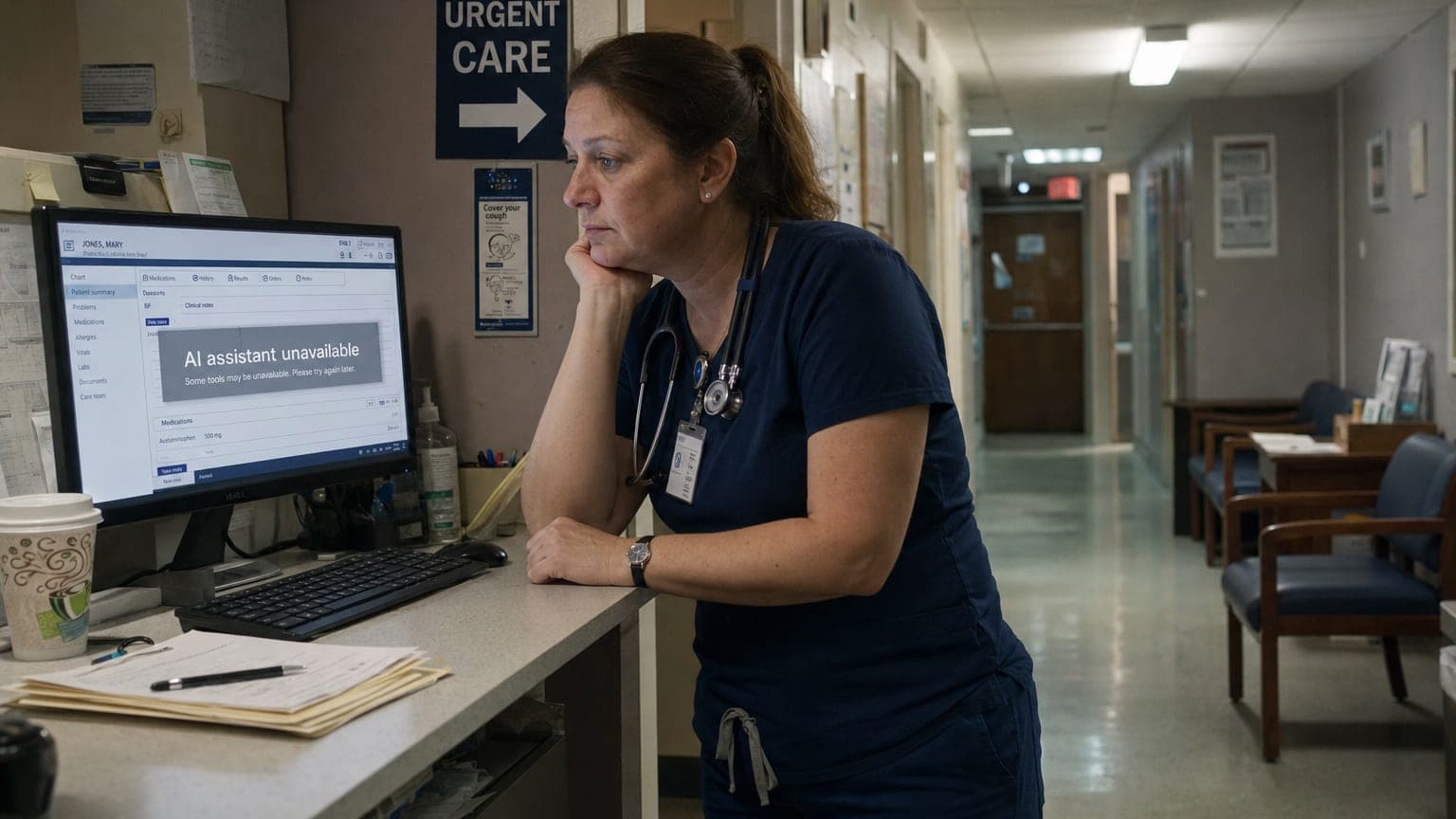 A nurse at a clinic workstation under fluorescent light, the screen reading AI assistant unavailable beneath an URGENT CARE sign.
