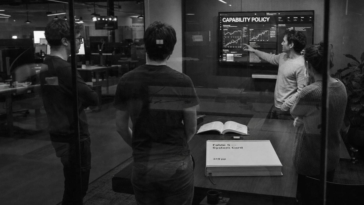 Black-and-white view through the glass of a frontier AI lab conference room, researchers around a table, a thick system card document and a CAPABILITY POLICY screen.