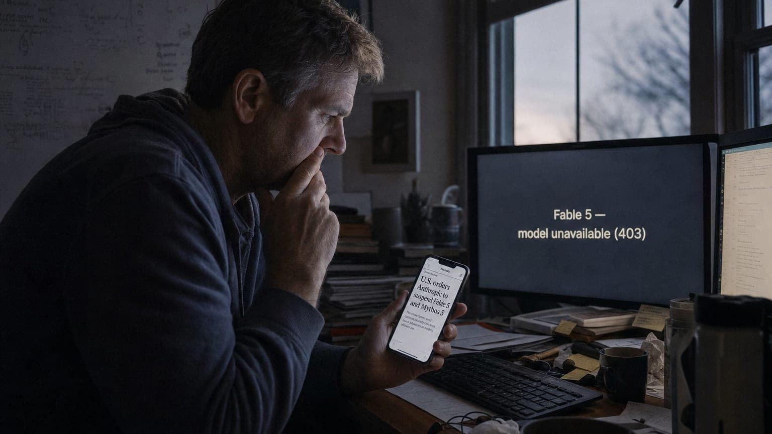 A developer at cold dawn, stunned, a monitor reading Fable 5 model unavailable 403 and a phone showing the recall headline.