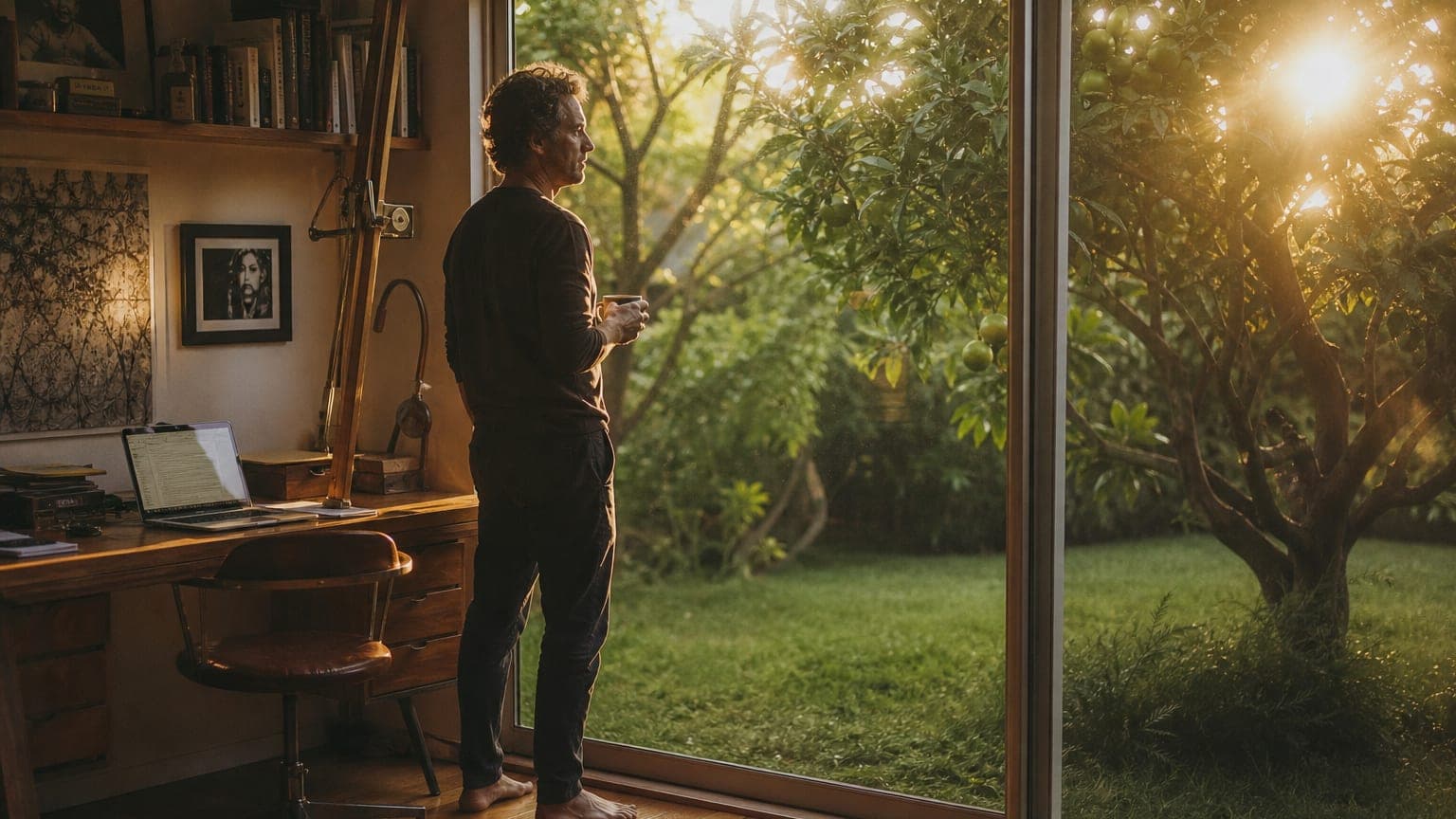 A person in soft morning light with coffee, a laptop running a local setup and a whiteboard agents diagram, a sticky note reading own the stack.