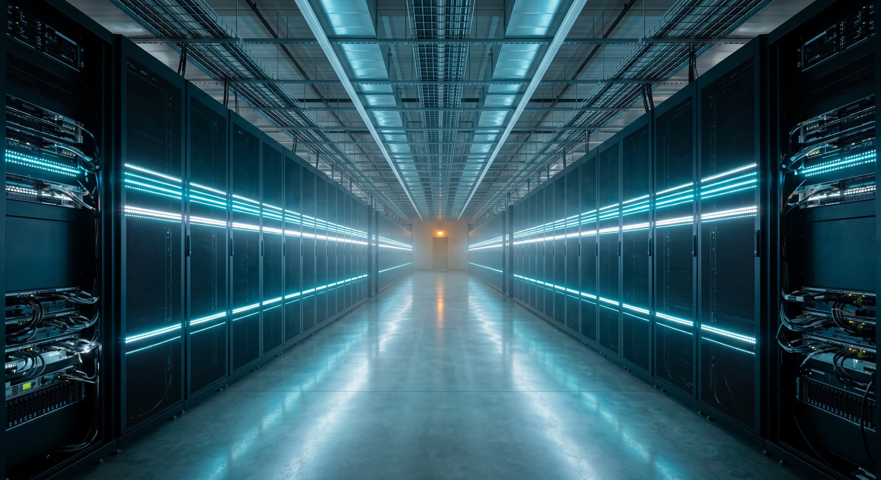A data center corridor with teal light strips receding into the distance.
