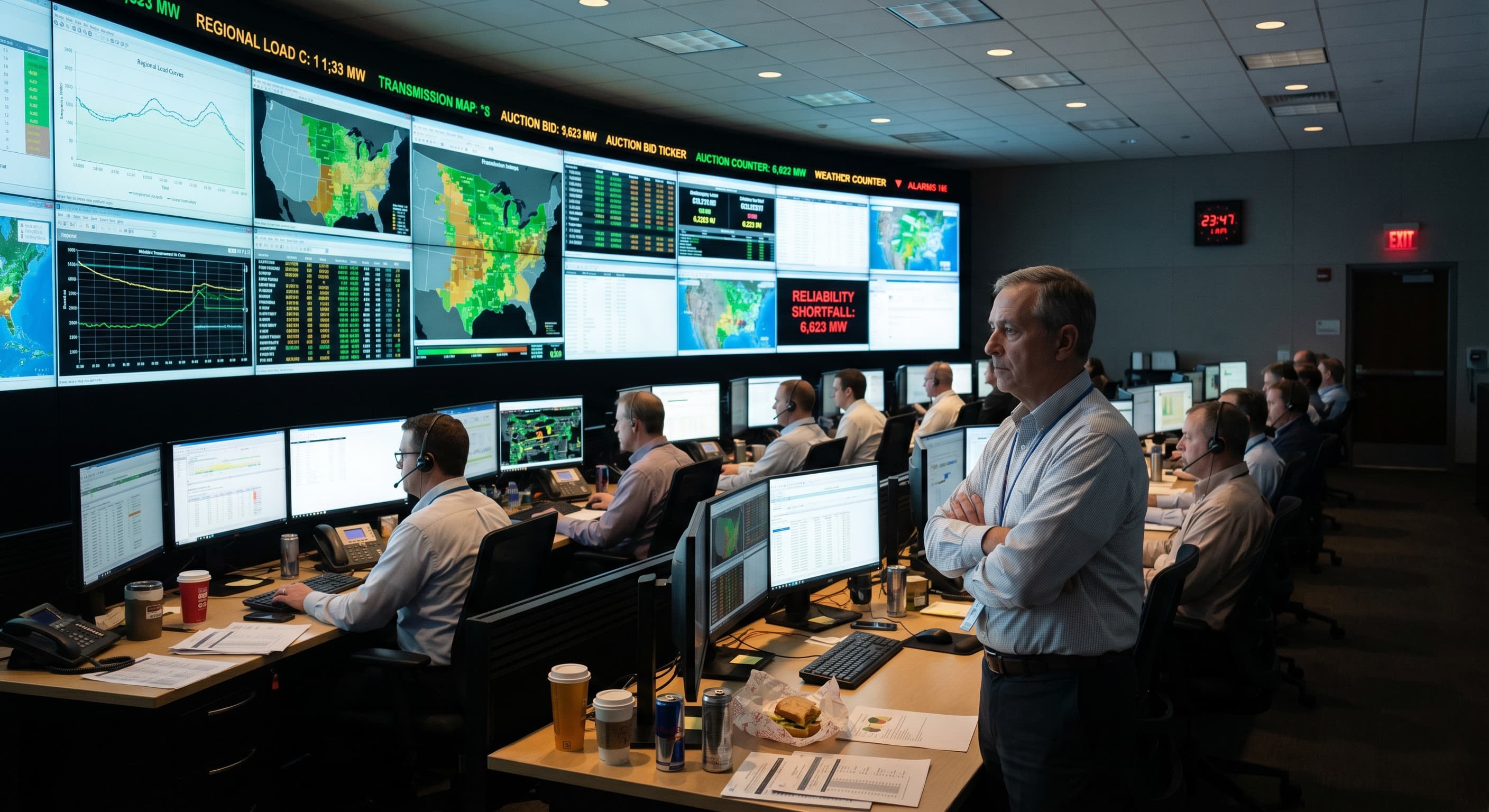 A grid operations room with a wall of monitors showing a 6,623 MW reliability shortfall.
