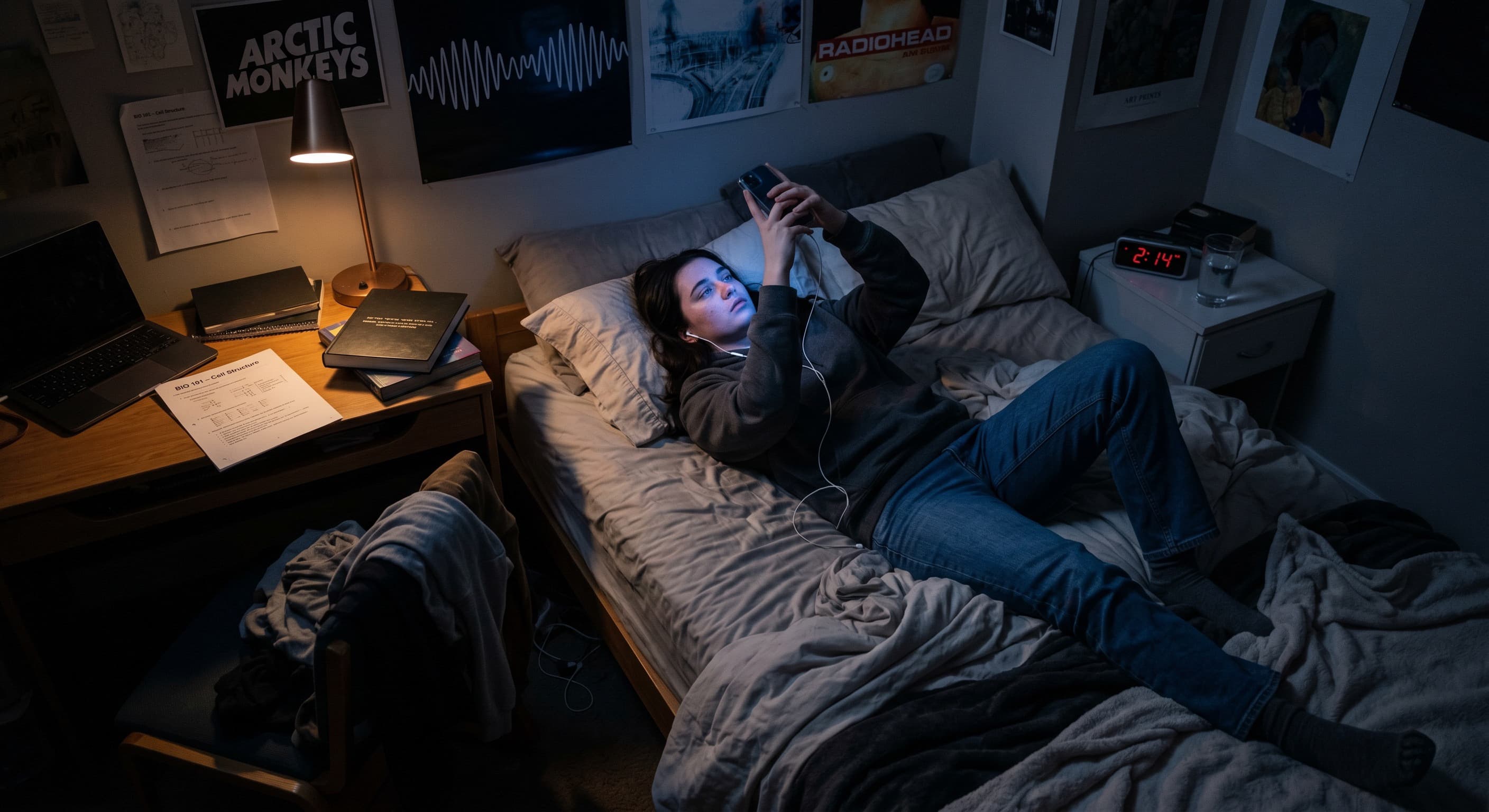 A young person in bed lit only by phone light at 2:14 AM.