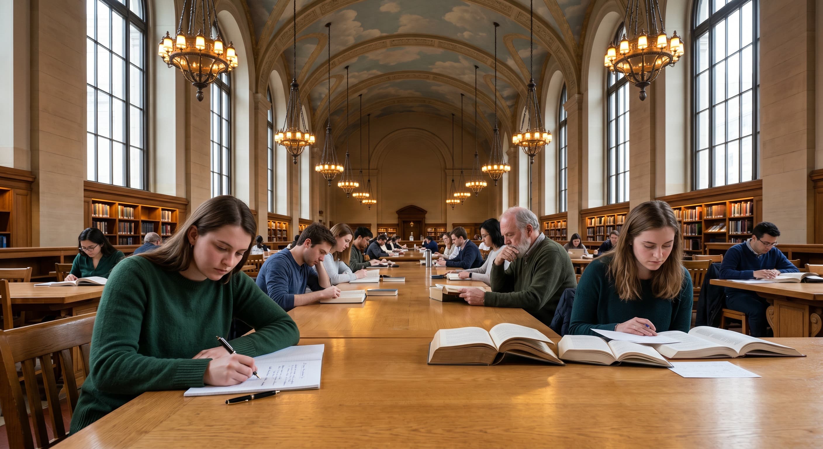 A grand reading room with vaulted ceiling and hanging lamps.