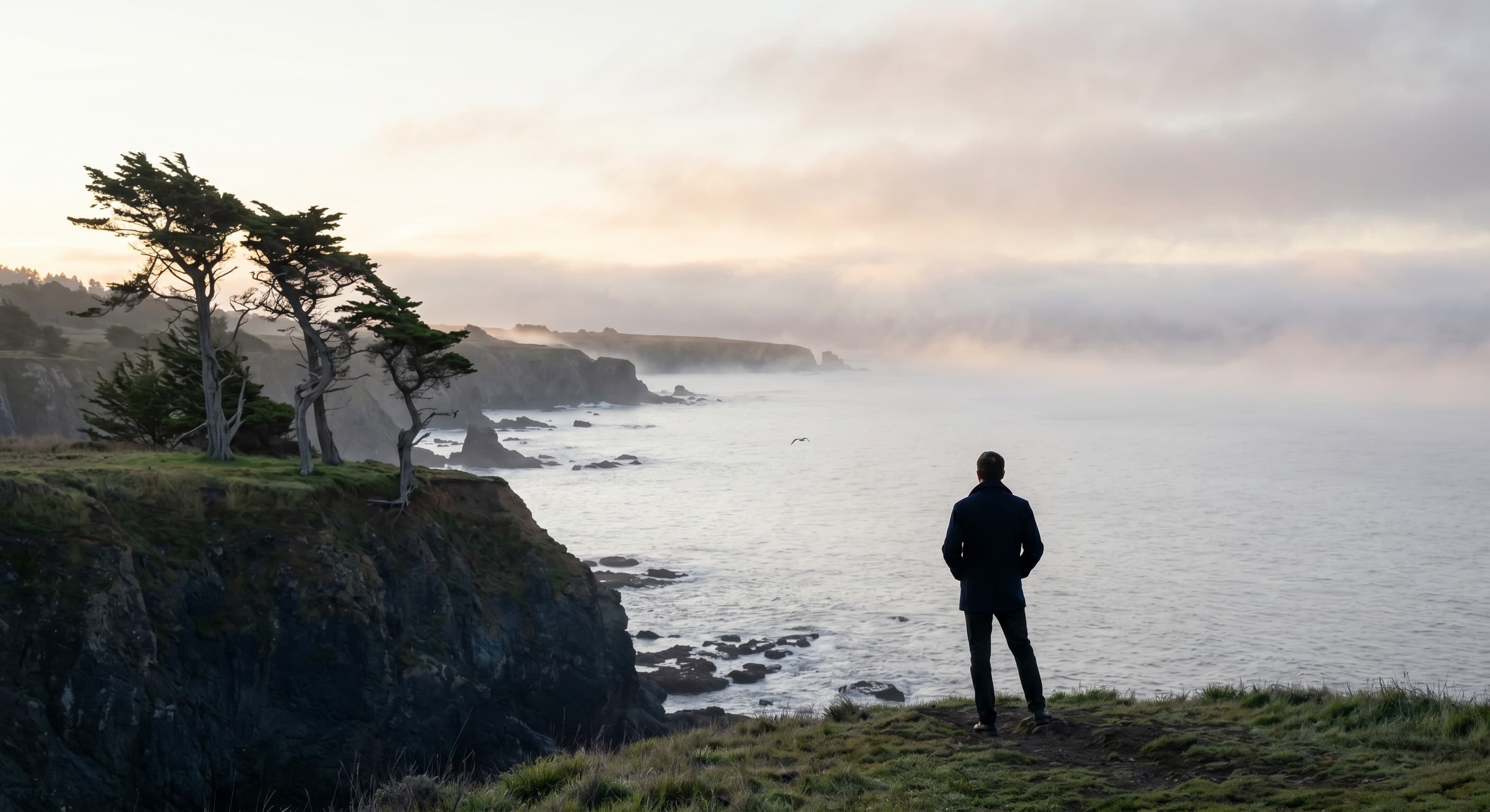 A lone figure standing on a coastal cliff at sunrise with wind-bent cypress trees.