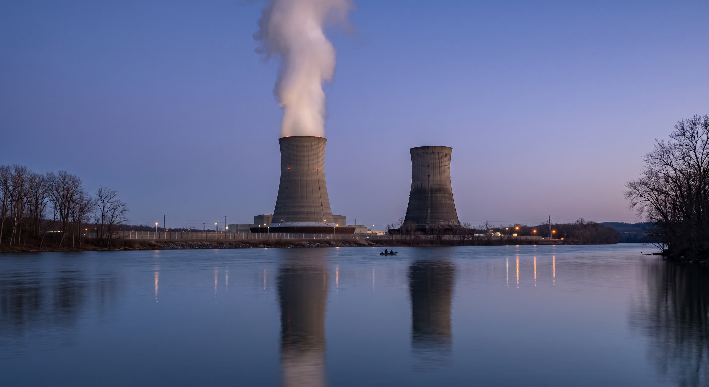 Nuclear cooling towers reflected in a still river at dusk.