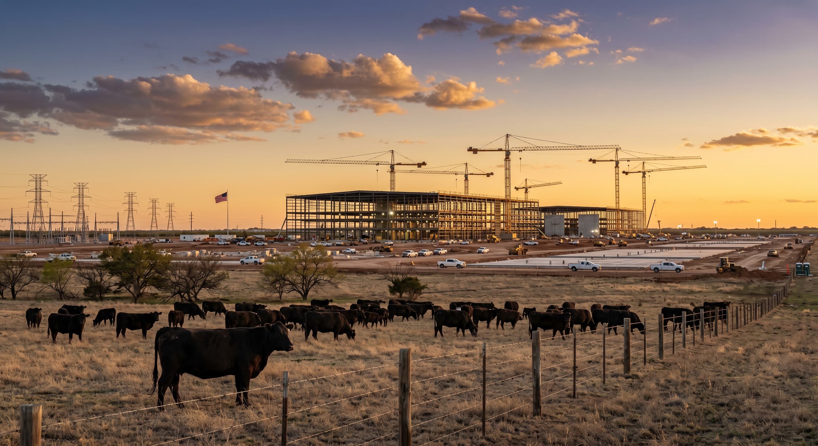 Texas rangeland with cattle and cranes erecting a data center under transmission lines.