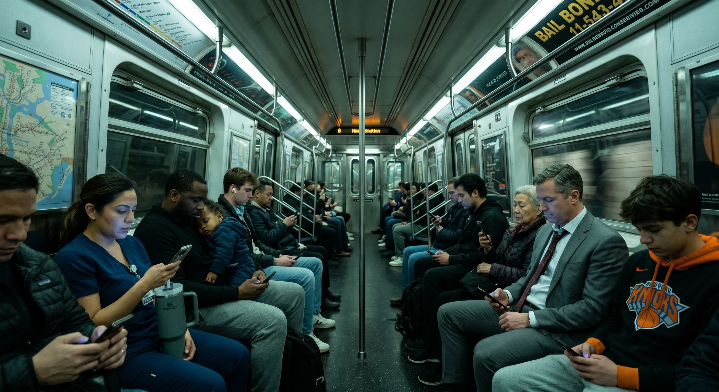 A subway car of passengers absorbed in their phones.